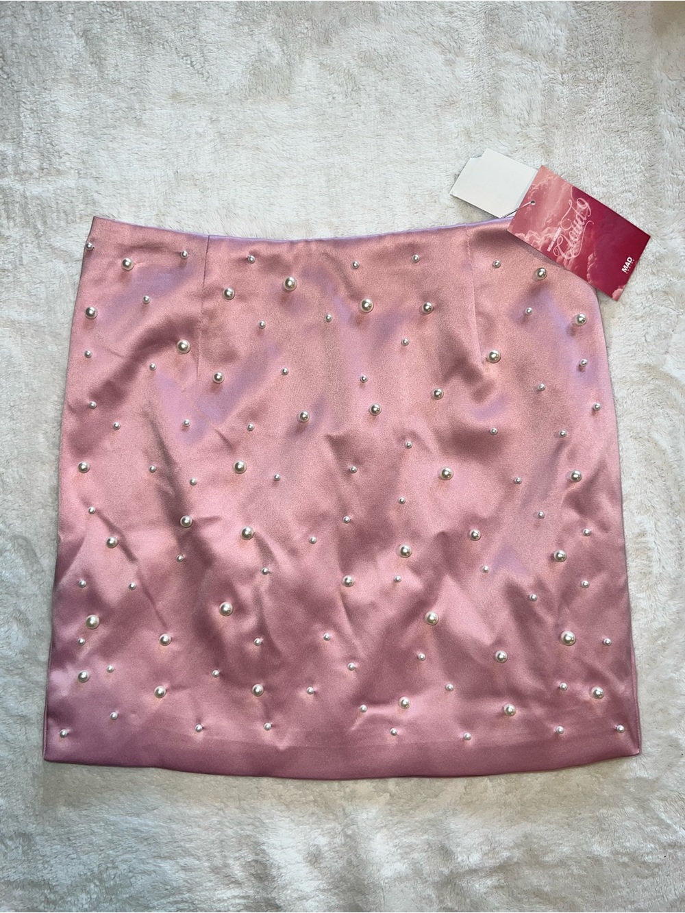 Megan Moroney Pink Pearl-Embellished Satin Mini Skirt